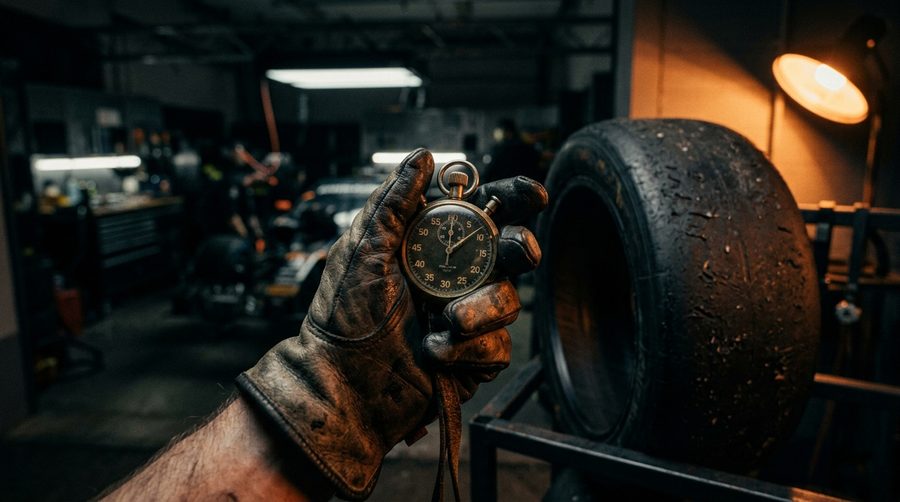 Stopwatch mekanis tua di tangan bersarung tangan mekanik di samping ban balap pada malam gelap