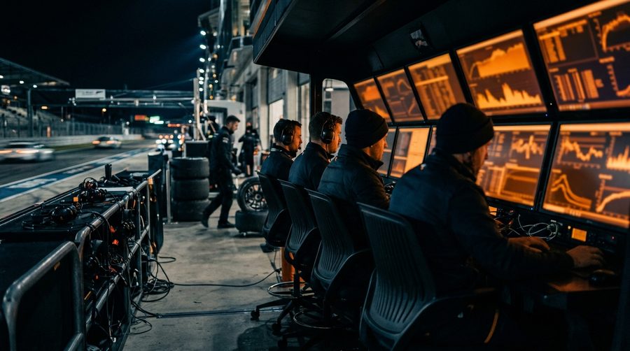 Barisan insinyur balap di depan monitor menyala di dinding pit malam hari dengan cahaya telemetri oranye