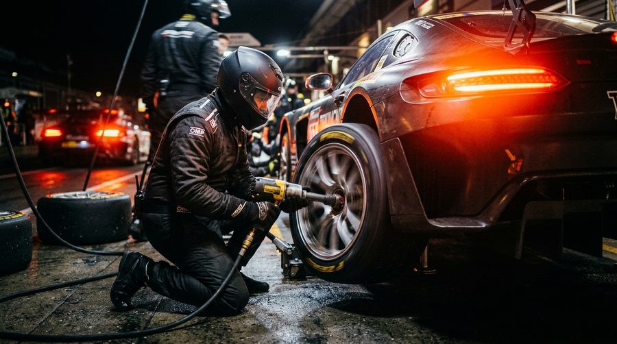 Kru pit berbaju helm mengganti roda dengan kunci pemutar dalam hentakan pit malam yang blur gerak